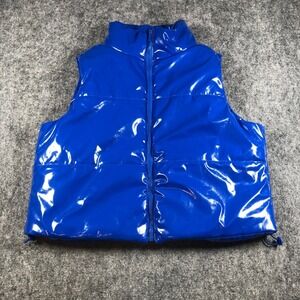 Almost Famous Shiny Blue Puffer Vest Women's M Quilted Padded Zip Stand Collar